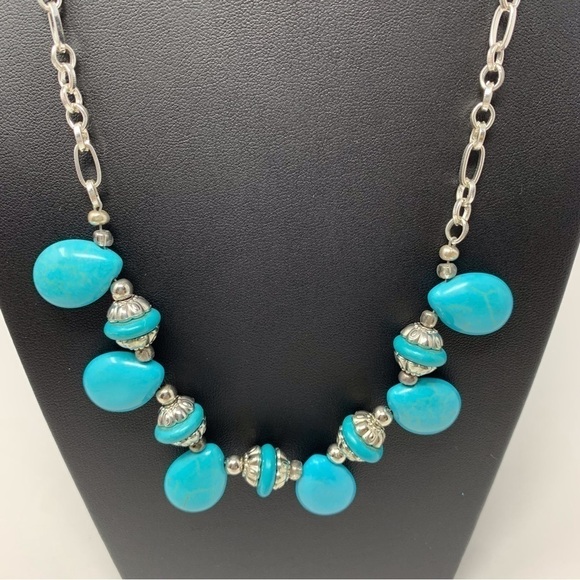 Silver Toned Chain Faux Turquoise Stone Necklace - Picture 2 of 5